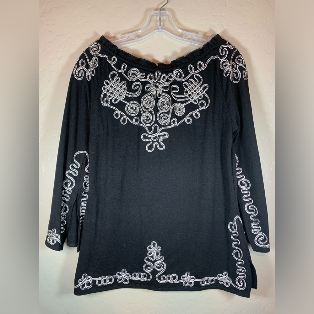Lauren Michelle Black White Silver Stitched Embroidered Split 3/4 Sleeve M 0581‎ - Picture 5 of 7